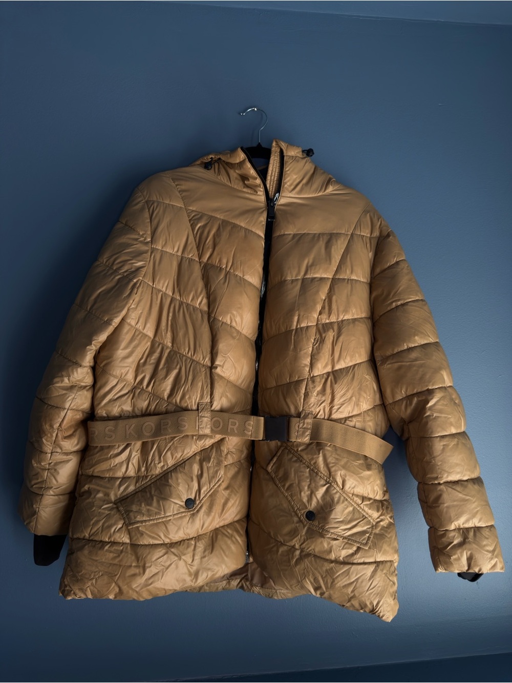 Michael Kors Tan Quilted Puffer Jacket with Logo Belt